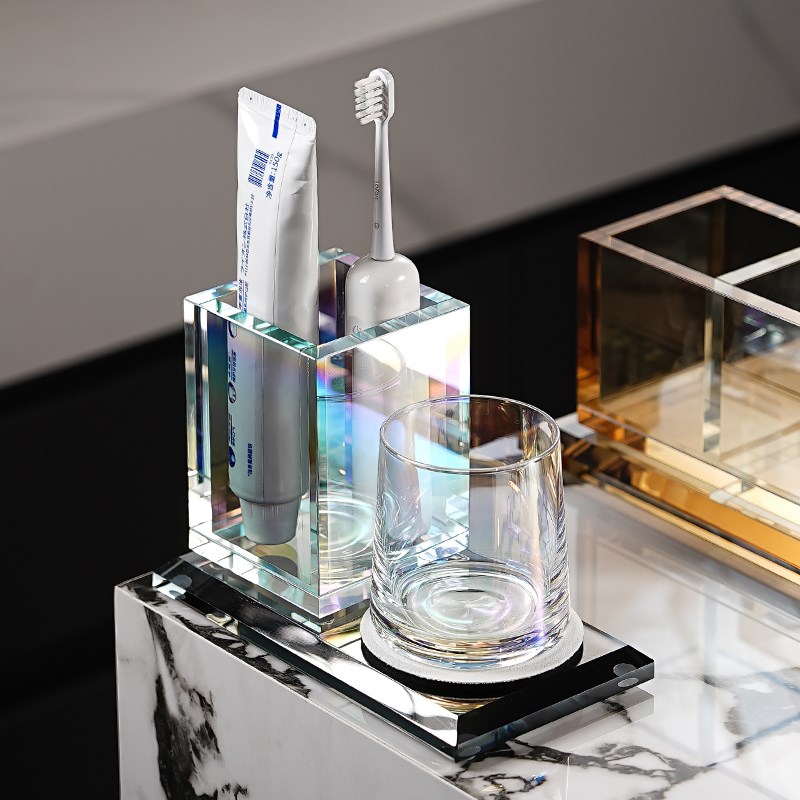 家用水晶玻璃单人牙刷架洗漱口杯架置物架极简风卫生间梳子收纳筒