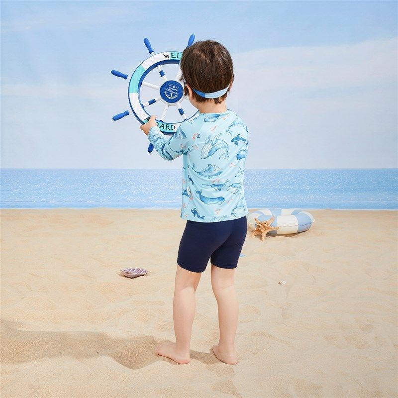 小男孩长袖泳装夏季儿童沙滩服夏装男宝宝时尚游泳衣男童分体泳衣