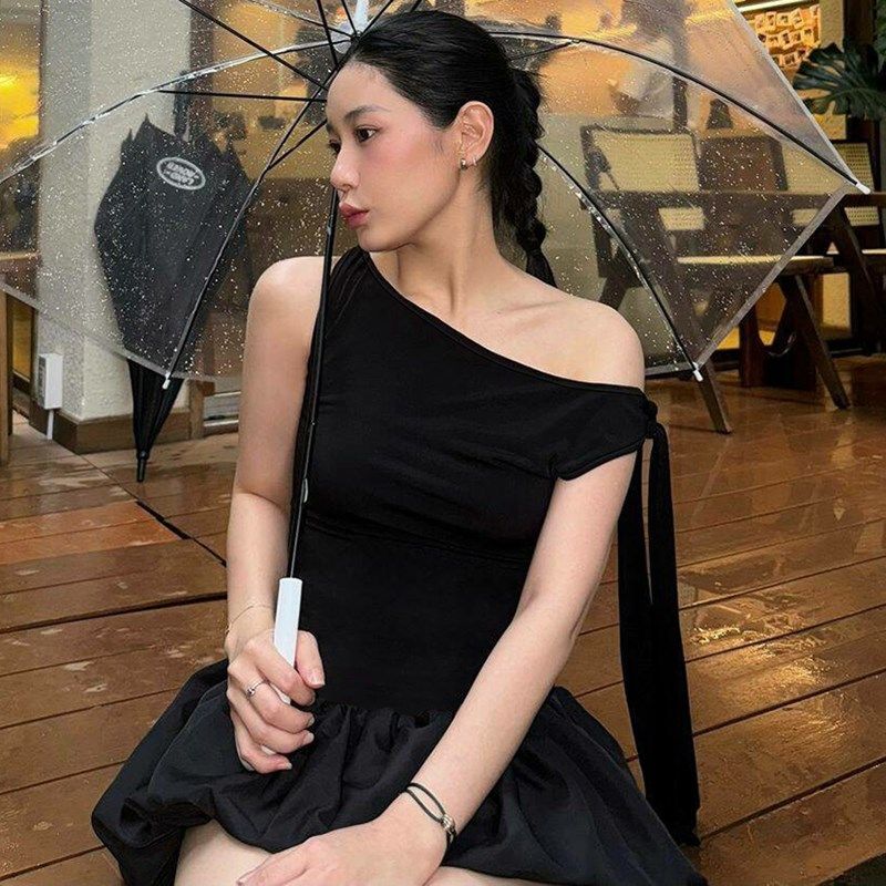 黑色气质无袖飘带连体衣+花苞裙两件套2024夏季新款辣妹时尚套装