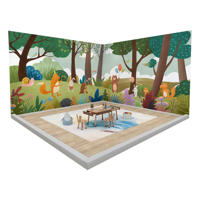 卡通森林动物儿童房壁纸墙布 男孩墙纸游乐场壁布 幼儿园壁画定制