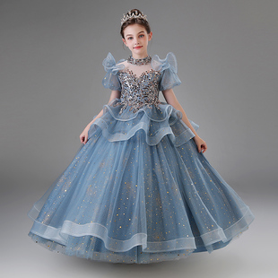 儿童礼服生日蓝色女童公主裙高端洋气小主持人走秀钢琴演奏演出服