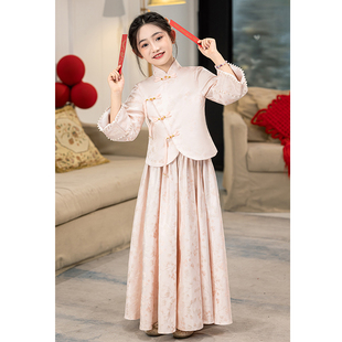 女童新中式旗袍礼服生日高端长袖公主裙主持人钢琴演奏演出服花童