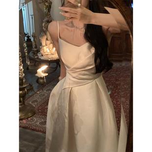 法式 气质女夏设计W感小众长裙子 光泽感吊带洋装 缎面质感高级修身