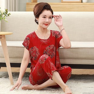 妈妈绵绸薄款 中老年睡衣女夏纯l棉棉绸短袖 居家休闲外穿家居服套
