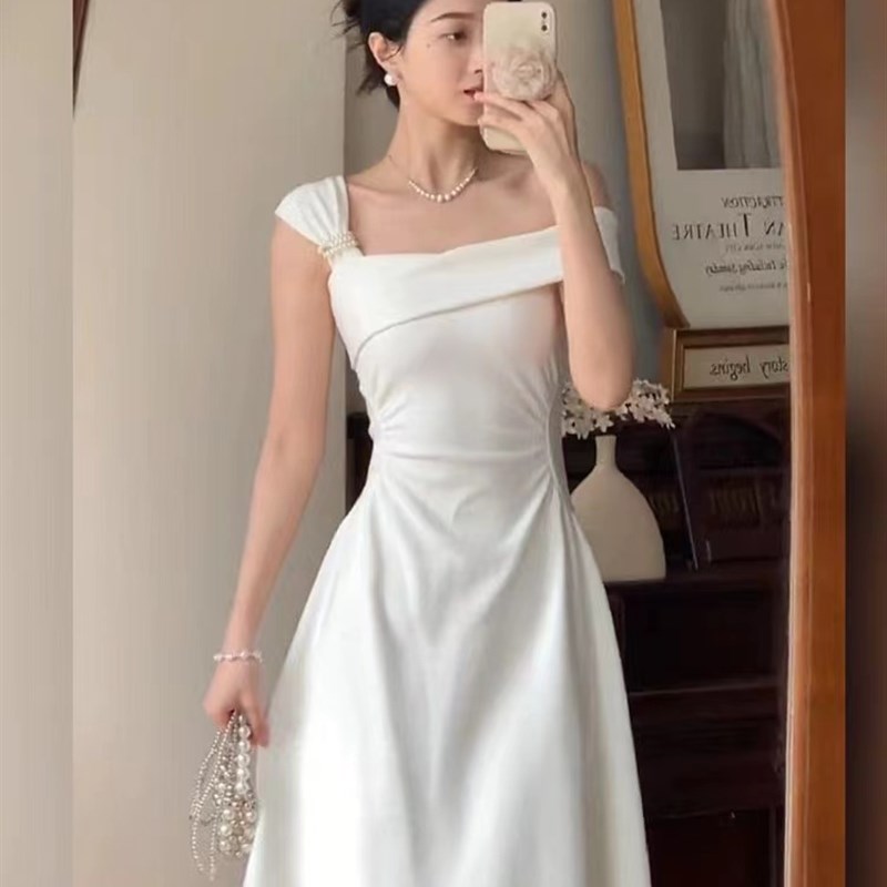 高级气质晚礼服白色长裙法式生日小K礼服宴会连衣裙女裙子