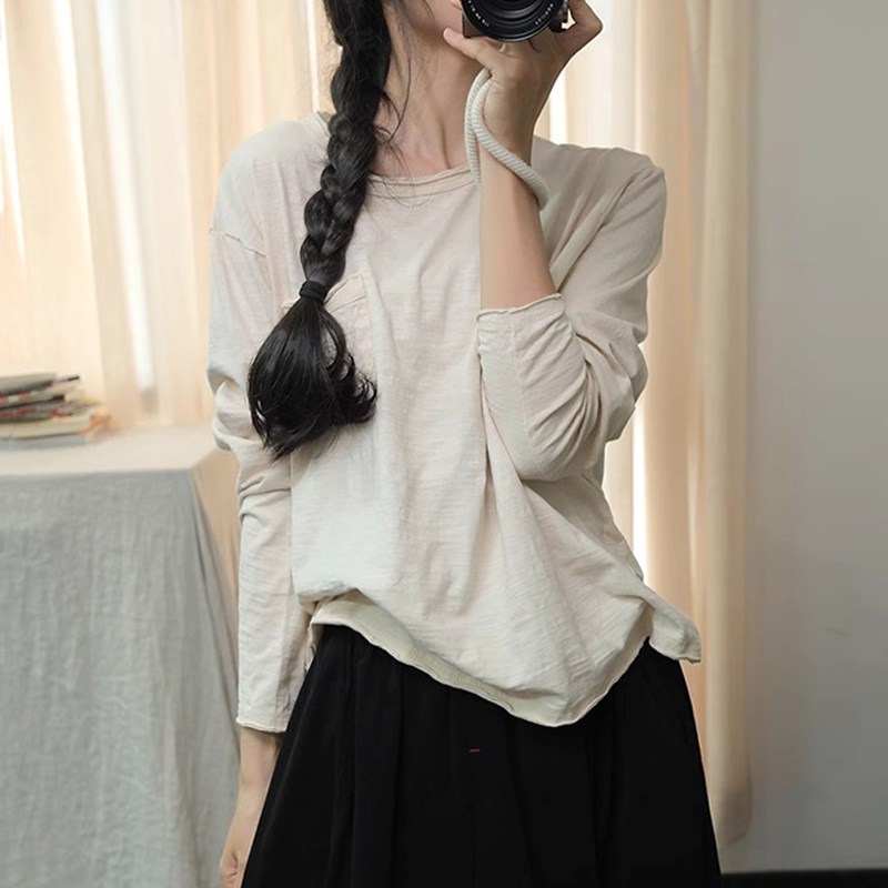 古与色 文艺简约圆领宽松大码套头打底百搭长袖R棉麻T恤衫女上衣