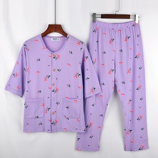 老人宽松睡衣空调 女纯棉开衫 七分j袖 九分裤 中老年妈妈家居服套装
