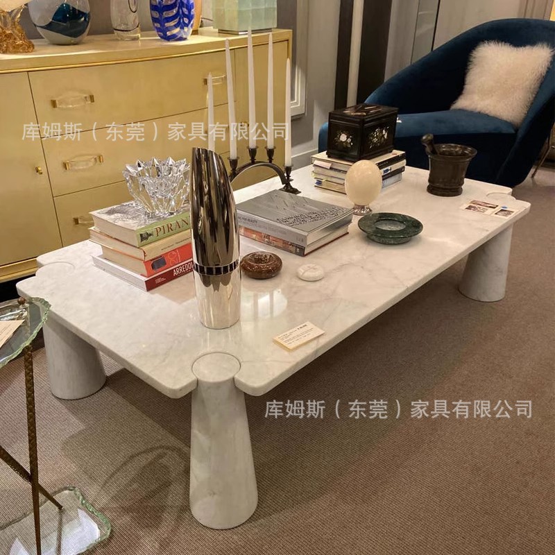 意大利天然中花白大理石茶几设计师款长方形简约客厅沙发咖啡桌