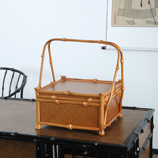 复古中式提盒筇竹手提篮竹编茶箱方形收纳食盒便携出行茶具收纳