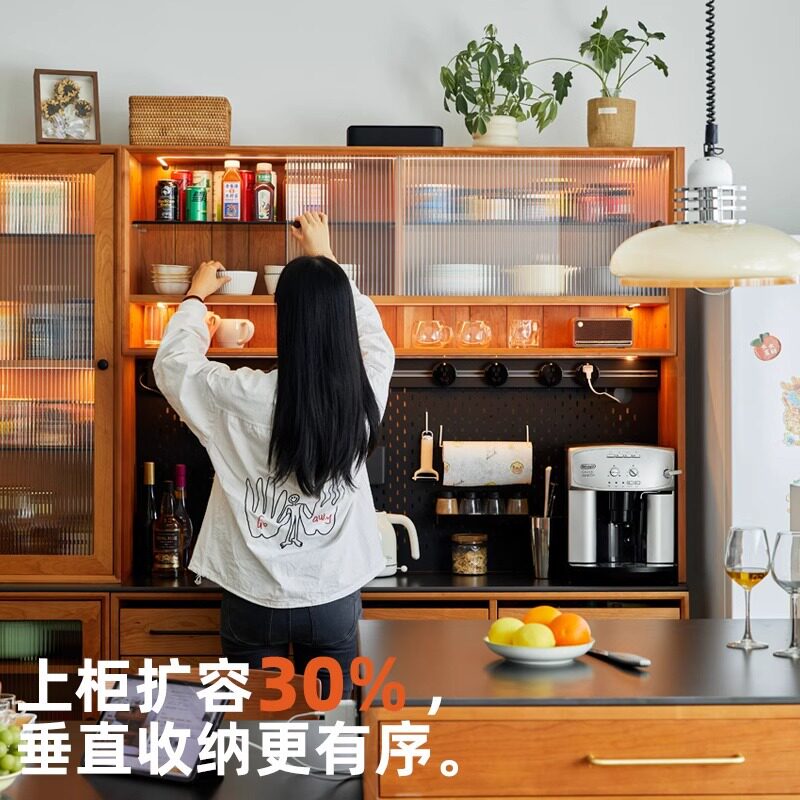 全实木餐边柜一体靠墙厨房橱酒柜岩板樱桃木餐厅储物碗柜咖啡机柜