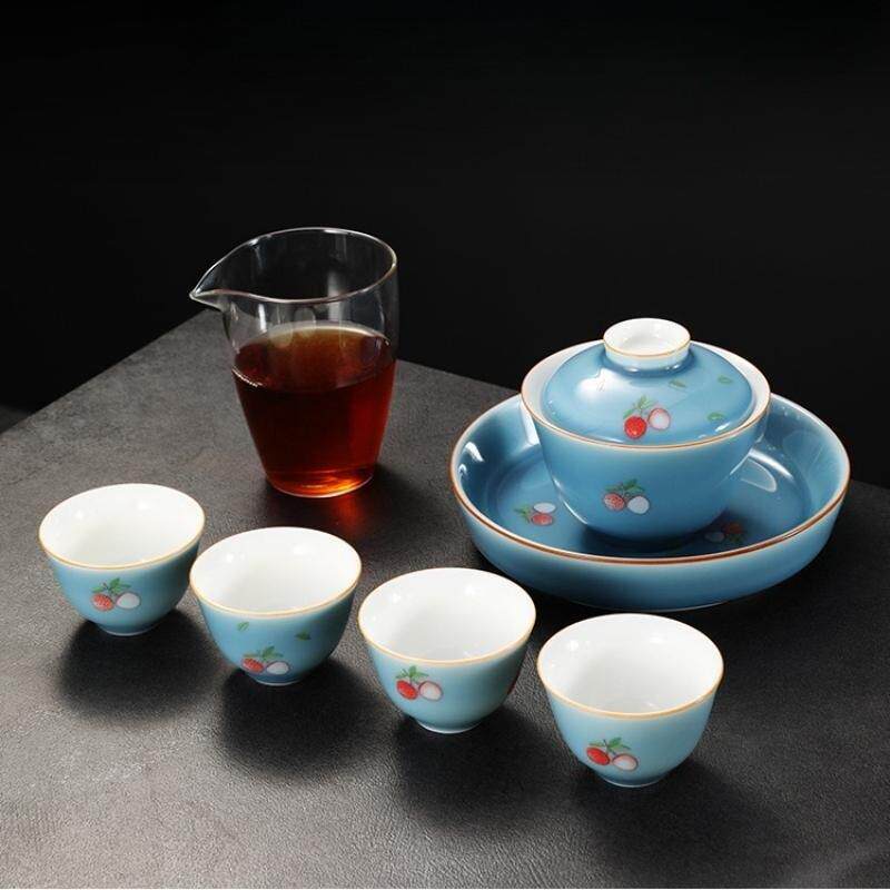 羊脂玉旅行茶具壶承盖碗三才碗敬茶陶瓷家用小套装茶杯简约描金