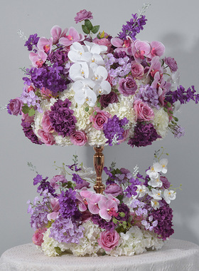 广千丰新款紫色仿真花婚礼餐桌装饰插花花球烛台布置仿真花环假花