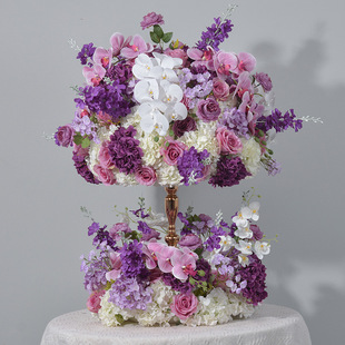 广千丰新款紫色仿真花婚礼餐桌装饰插花花球烛台布置仿真花环假花