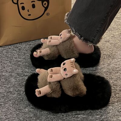 卡通可爱青蛙玩偶棉拖鞋女2025秋冬季新款外穿一字带松糕毛毛拖鞋