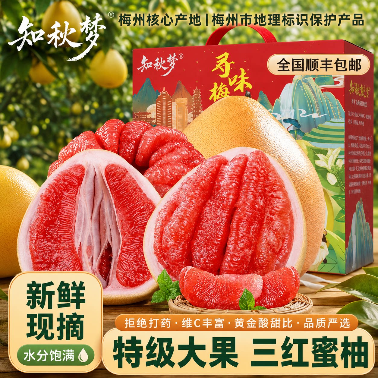 正宗梅州三红蜜柚大果礼盒白心红心柚子红肉蜜柚中秋节团购礼品