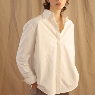 Mannee 简约bf风 棉质有型宽松长袖暗门襟衬衫 白色