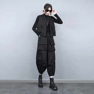 裤 灯笼裤 套装 九分裤 黑色系两件套 2025年春秋新品 大口袋马甲女工装