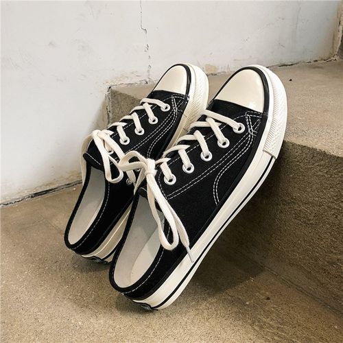 1970s黑色一脚蹬男鞋夏季半拖帆布鞋男学生懒人鞋韩版情侣小白鞋