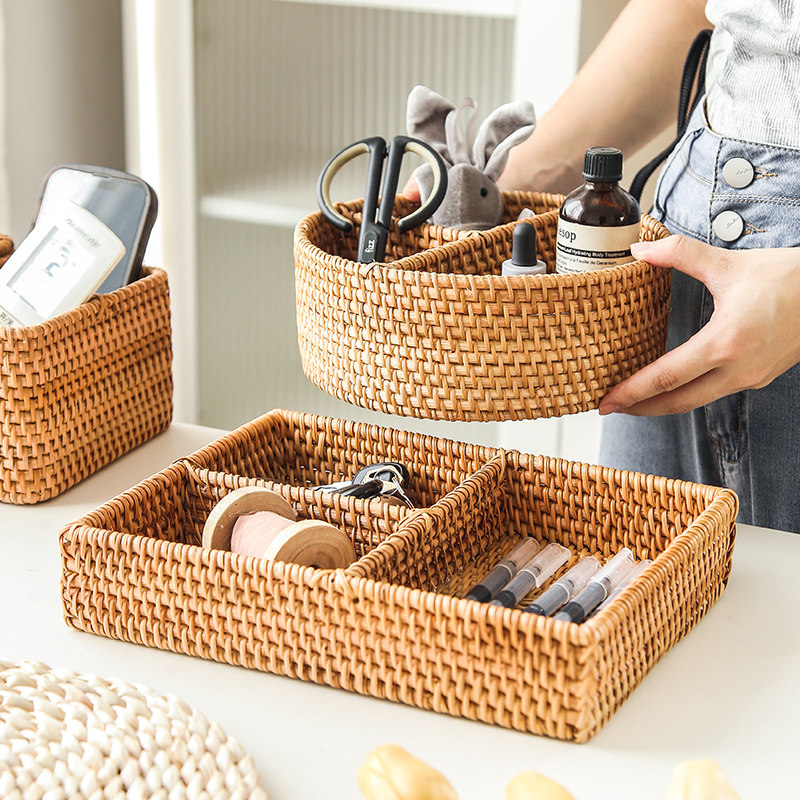 藤编桌面收纳盒编织分格化妆品整理盒茶几杂物收纳层架玄关储物篮,收纳整理,桌面收纳盒,淘宝优惠券,粉丝福利购,淘宝优惠卷
