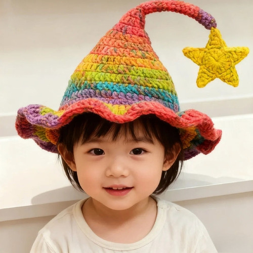 成品彩虹色精灵帽手工编织秋冬新款亲子款巫师帽儿童成人帽子编织