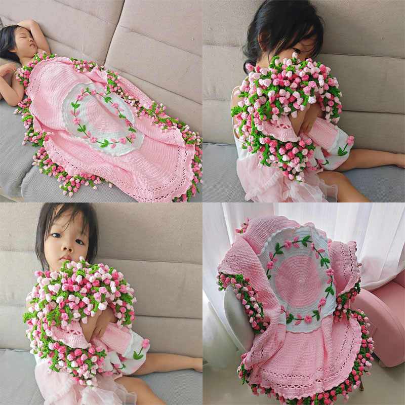 粉色藤萝花束毯子玫瑰花毛线钩织diy材料包手工编织礼物盖毯毛毯