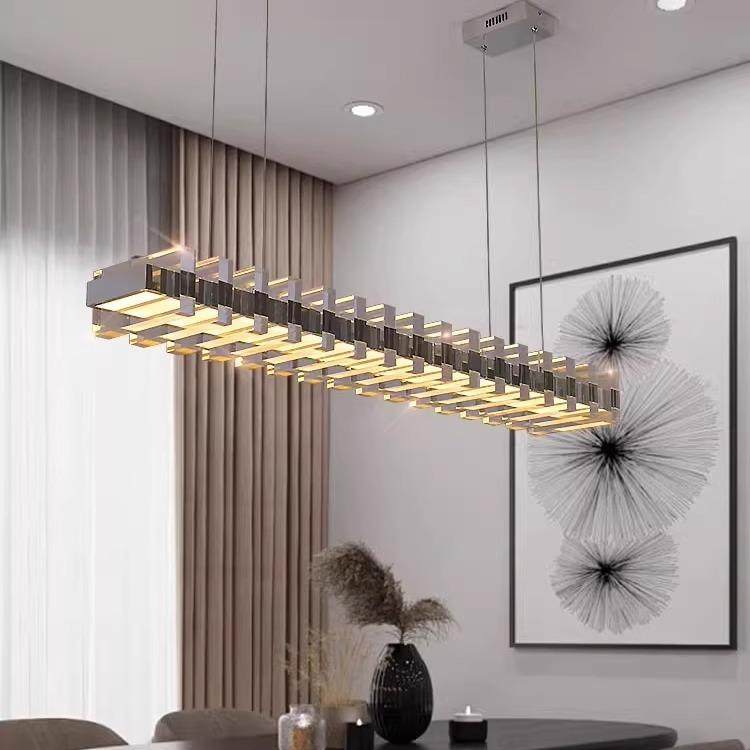 意式轻奢高端设计师款不锈钢长条餐厅吊灯现代一字长条餐桌岛台灯