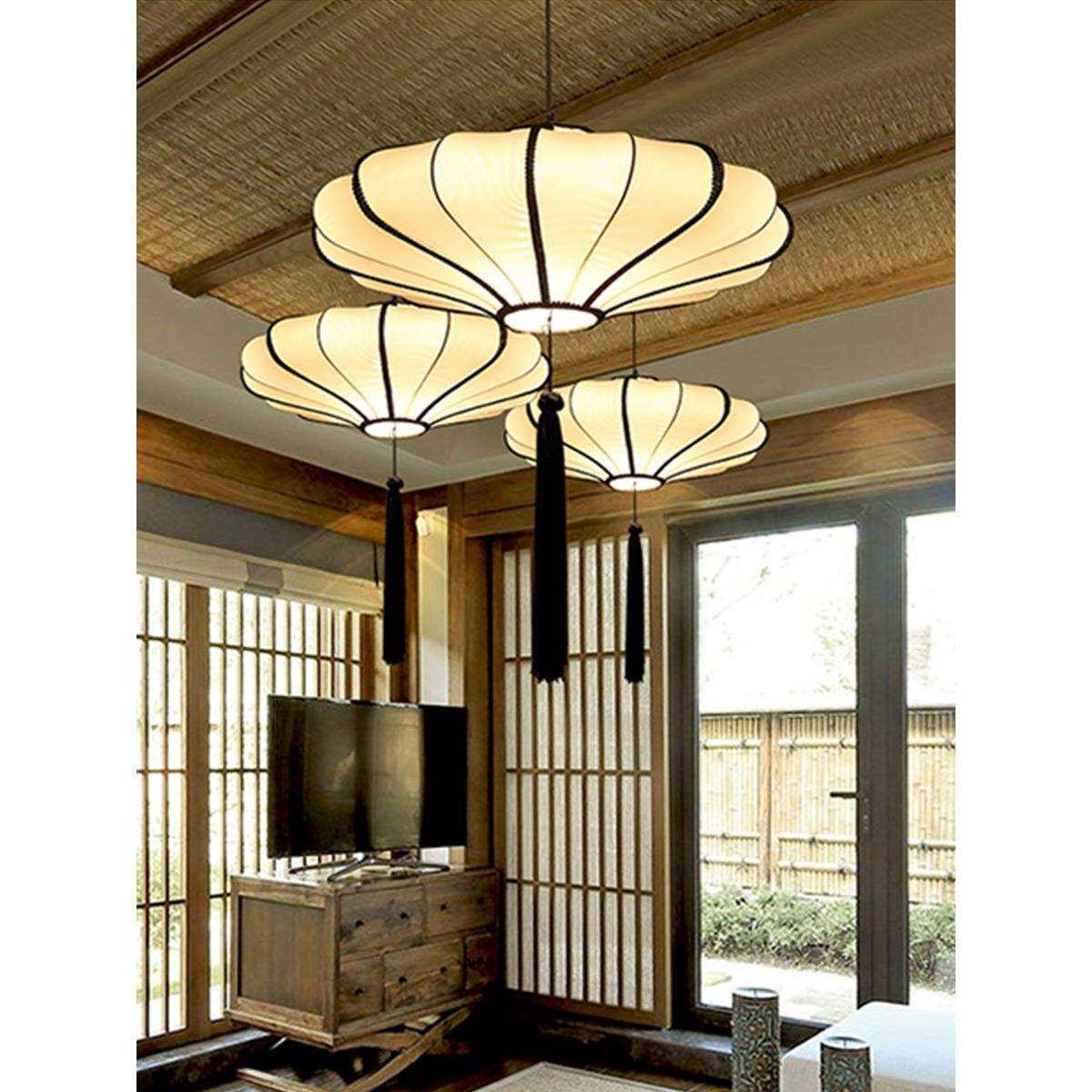 风现代新中式吊灯布艺客厅茶室火锅店餐厅茶楼饭店仿古灯笼灯