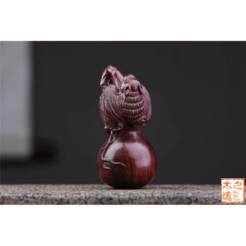 非洲小叶紫檀木雕蝙蝠葫芦手把件复古福中福车摆件随身文玩装饰