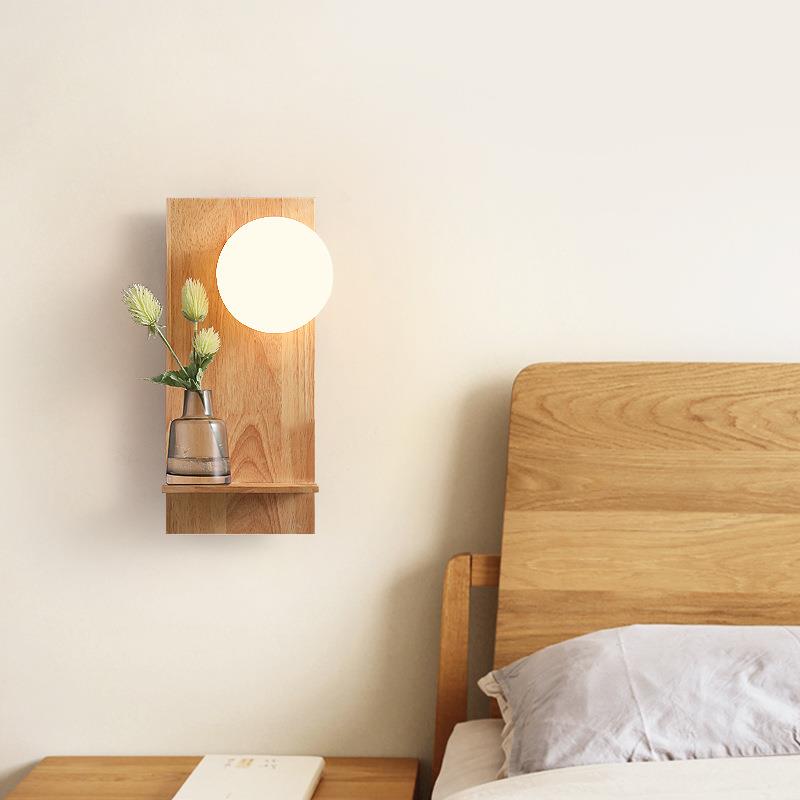 北欧简约床头LED壁灯 墙壁装饰灯创意酒店家居实木置物架过道壁灯