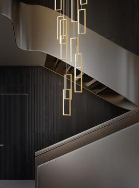 全铜客厅灯北欧现代简约黑色长方形餐厅吊灯网红别墅复式楼梯灯具