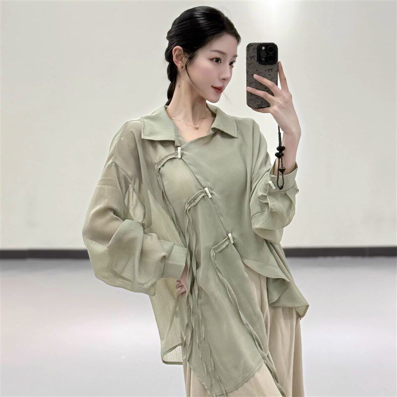 舞蹈服衬衣女现代舞飘绳系扣中国舞古典舞练功透气国潮宽松不规则