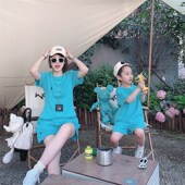 母子母子时尚 2024夏季 休闲多巴胺套装 个性 宽松纯色两件套潮 亲子装