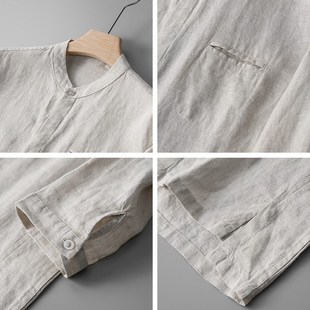 夏季休闲衬衣男士宽松大码薄款透气纯亚麻七分袖衬衫长裤两件套装