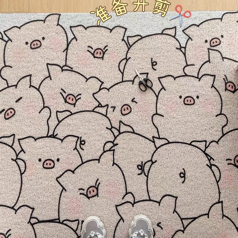 可爱粉色猪猪丝圈入户地垫门内门外刮泥蹭土玄关进门脚垫任意裁减