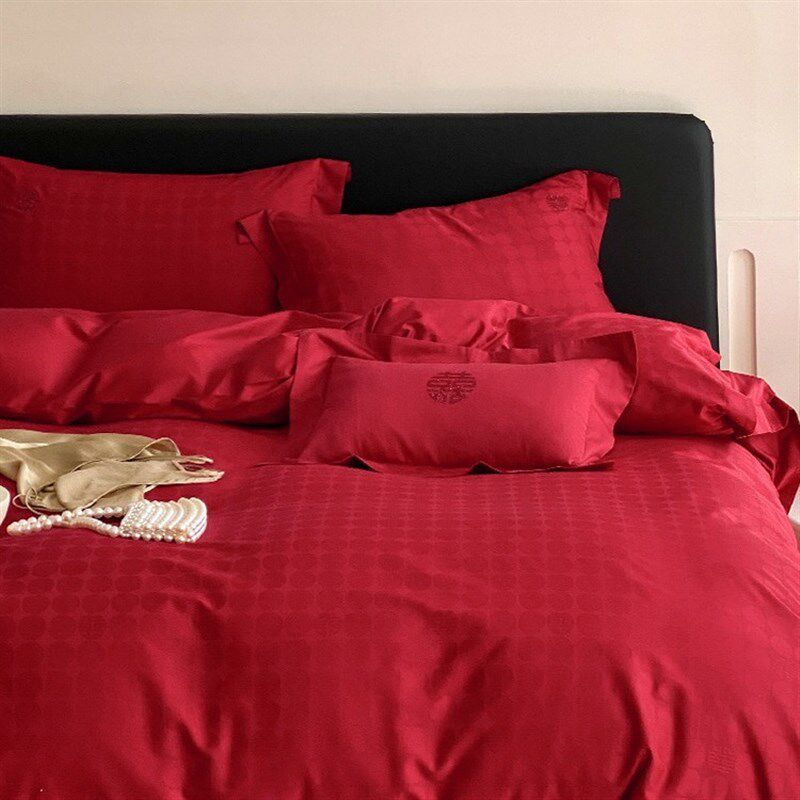 大红色婚房四件套全棉床单被套结婚喜庆新婚嫁长绒棉床品