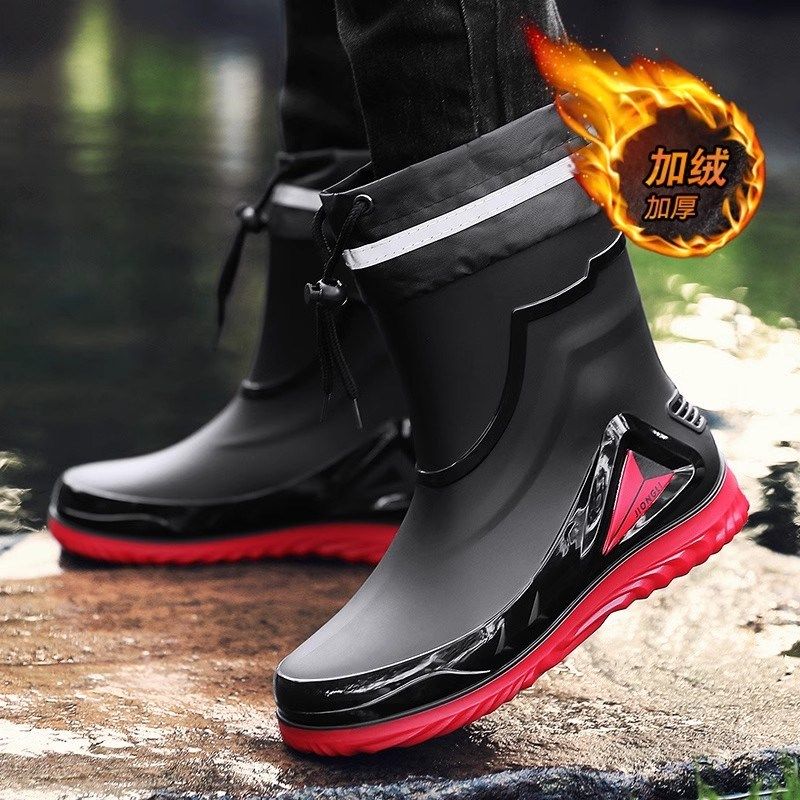 雨鞋冬天加绒一体雨靴鞋套防水防滑加厚耐磨下雪天防雪黑色中高筒