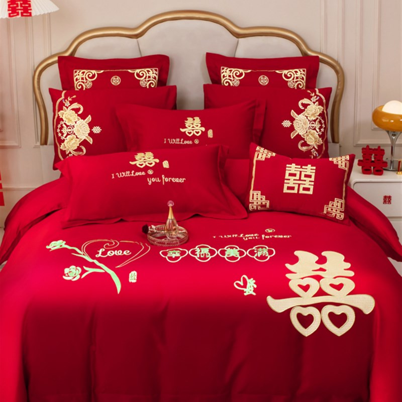 婚庆四件套大红100全棉纯棉新结婚房嫁礼喜庆被套床上用品床单礼4