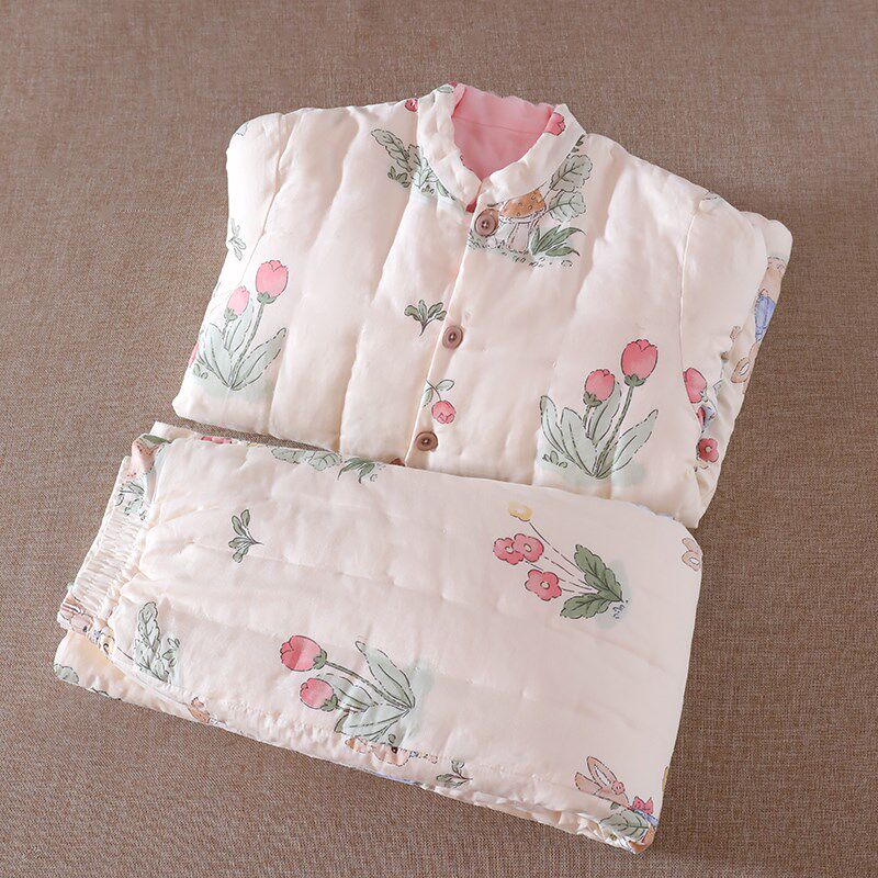 花手工棉衣女士棉袄棉裤加厚保暖抗寒居家宽松碎花套装冬季