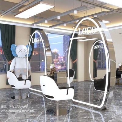 网红理发店镜台双面lled带灯落地全身镜不锈钢美发店镜子发廊专用