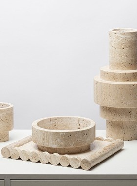 极简侘寂风黄洞石摆件餐桌烛台装饰品天然大理石花瓶花器托盘饰品