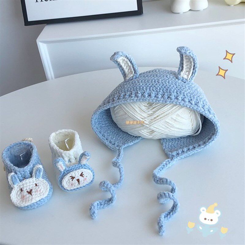 【成品】手工编织婴儿鞋帽套装新生儿百天满月礼物礼盒宝宝毛线鞋