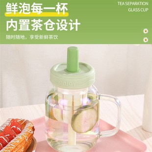 水杯女高颜值杯子大容量玻璃杯带把手盖高硼硅办公室泡花茶吸管杯