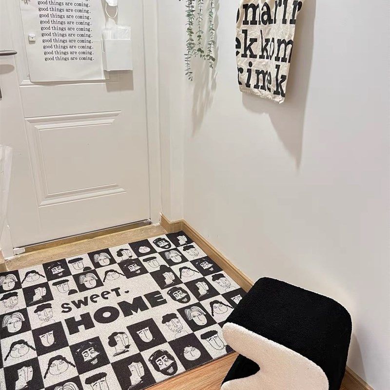 黑白灰抽象人脸丝圈入户地毯刮泥蹭土H玄关进门垫子防滑可裁剪耐