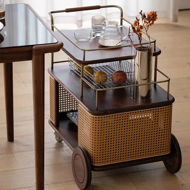中古风实木藤编移动m小推车客厅收纳简约餐厅不锈钢零食置物架边