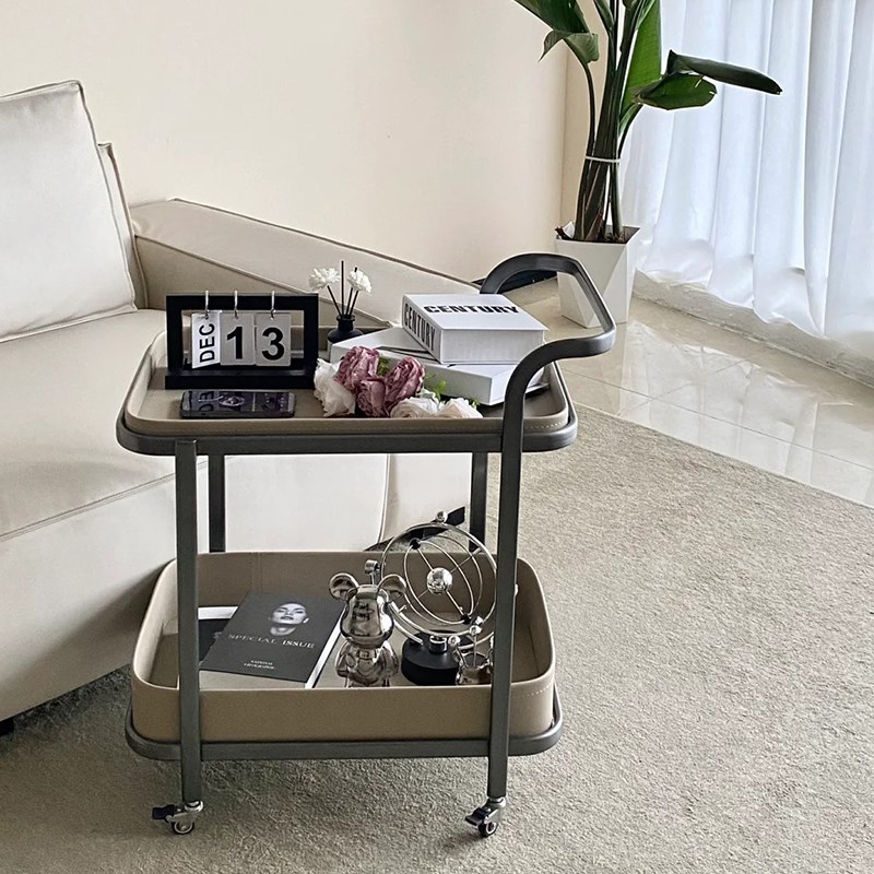 法式复古马鞍皮i移动推车边几茶几客厅不锈钢角几带轮置物架床头