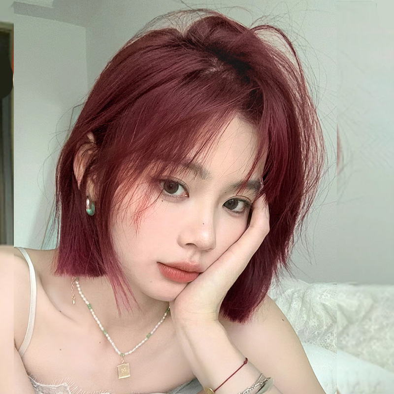 一刀切红色假发短发女网红Lolita齐刘海L波波头短直发自然全头套