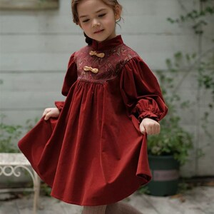 拜年服秋冬款女童中国p风灯芯绒连衣裙儿童泡泡袖公主裙加绒旗袍