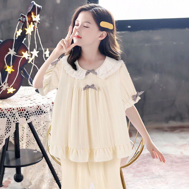 女童2023年新款短袖长裤睡衣女夏季天纯棉可爱T公主风家居服套装