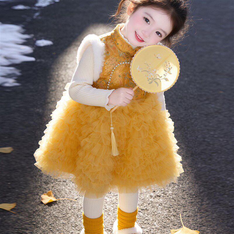 女童汉服连衣裙冬装儿童国风加绒旗袍唐装宝宝周T岁礼服拜年服冬