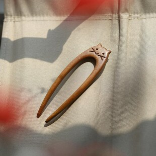 【弧猫】U型发簪发钗盘发簪子猫咪金丝檀木实木R发饰可爱日常通勤